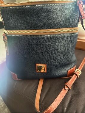 Dooney & Bourke Navy Pebble Leather Crossbody with Brown Trim and Gold Hardware